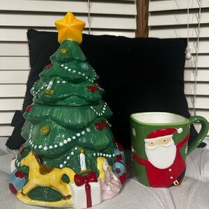 Vintage Earthenware Christmas Tree Cookie Jar & Santa Mug Set